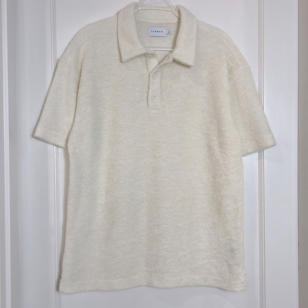 Topman Premium Oversized Textured Terry Cloth Polo Ecru/ Off White Small